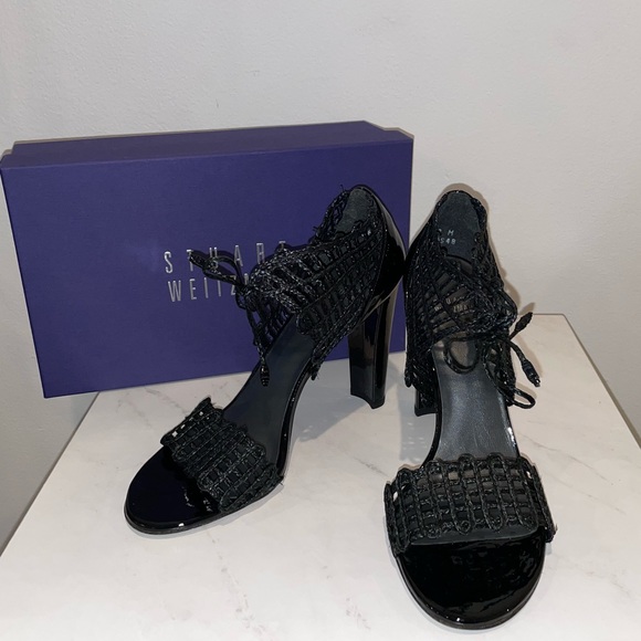 DESIGNER Stuart Weitzman Black String Apart Flax Twine Shoes Size 10M BOX INCL. - Picture 2 of 7